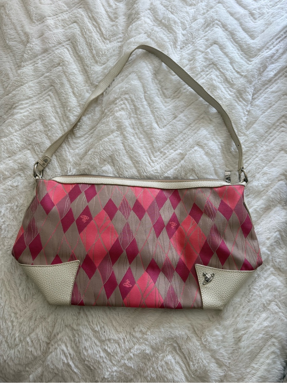 Vintage Vivienne Westwood Pink Patterned Shoulder Bag with Cream Trim